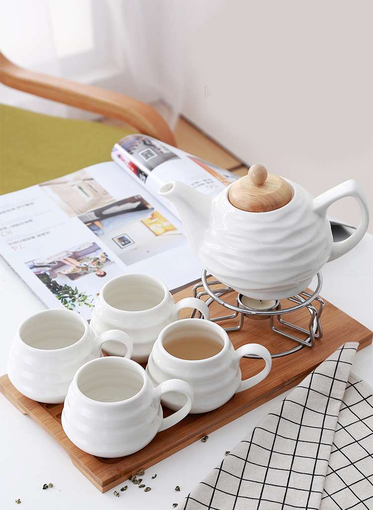 陶瓷杯咖啡杯具下午茶配糖罐新创意，4杯l壶配架子，杯容量200毫升，配竹架可加热