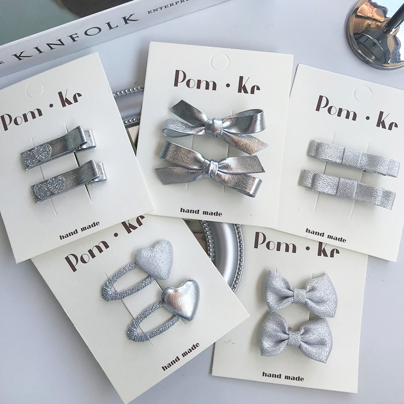 新款气质银色蝴蝶结皮质发夹儿童时尚百搭鸭嘴夹侧边刘海碎发发卡