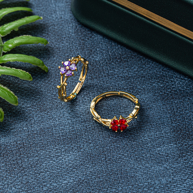 New floral red and purple four-leaf clover rings, 18K real gold color retention electroplated open ring, adjustable size, simple and fashionable, best-selling welfare style Item Picture