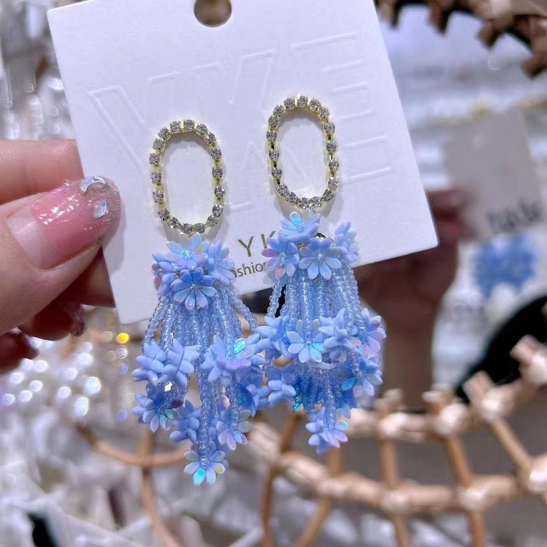 夏季多巴胺小花流苏耳环串珠耳饰摄影拍照视频必备款耳坠耳饰详情图4