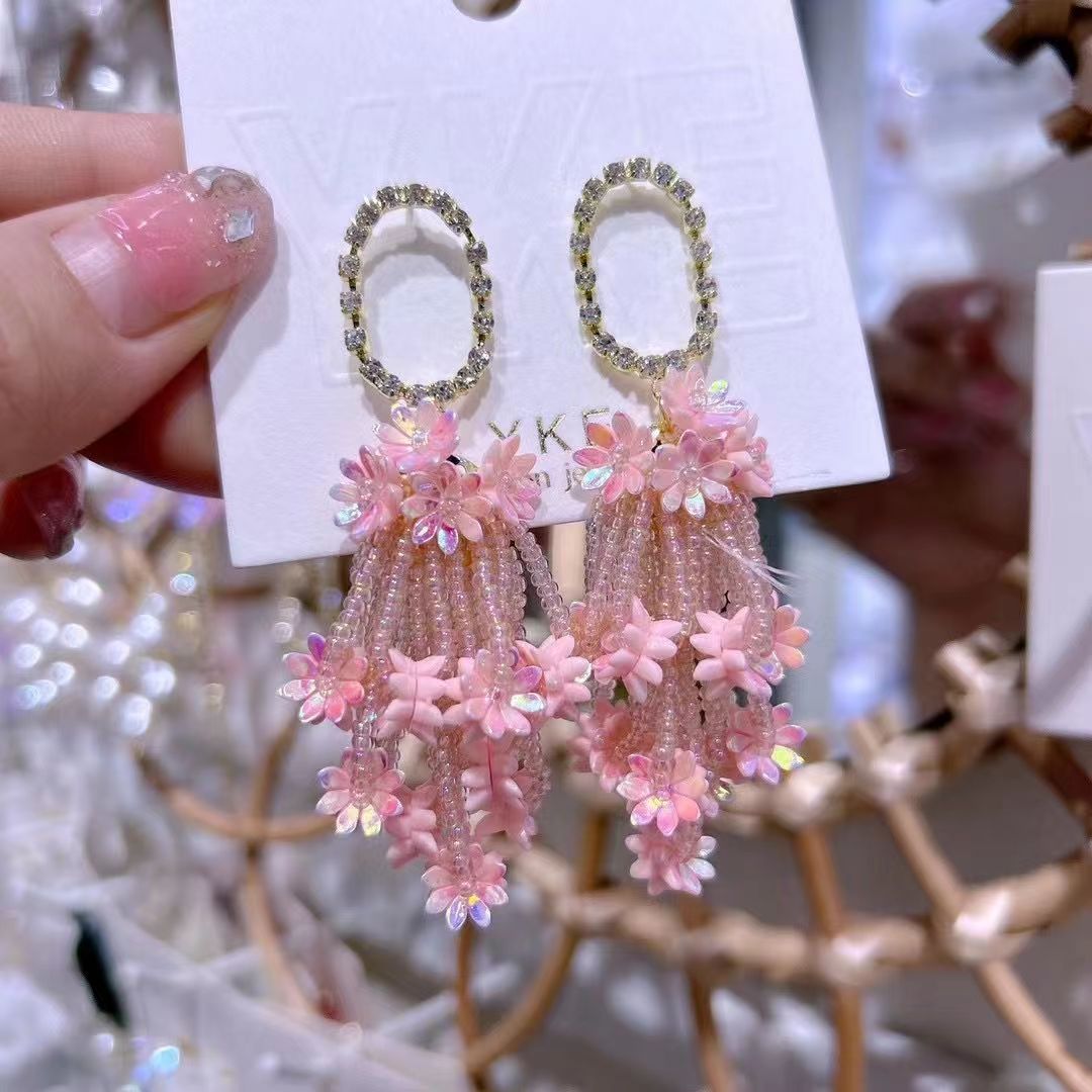 夏季多巴胺小花流苏耳环串珠耳饰摄影拍照视频必备款耳坠耳饰