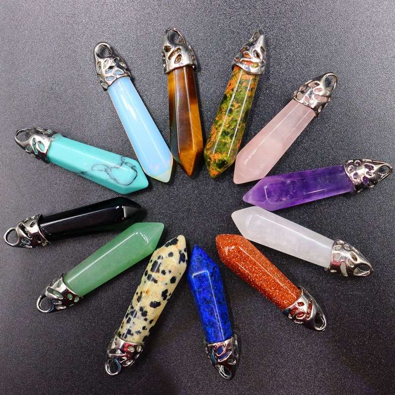 亚马逊热销饰品，天然水晶单尖六角柱吊坠，六棱水晶柱灵摆批发，欧美风项链DIY饰品，半成品配件，现货批发，超多颜色可供选择
