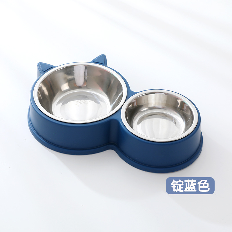 Wholesale cat-shaped double-bowl stainless steel cat bowls, home-style cat basins, one-piece double-bowl cat bowls, pet bowls Item Picture