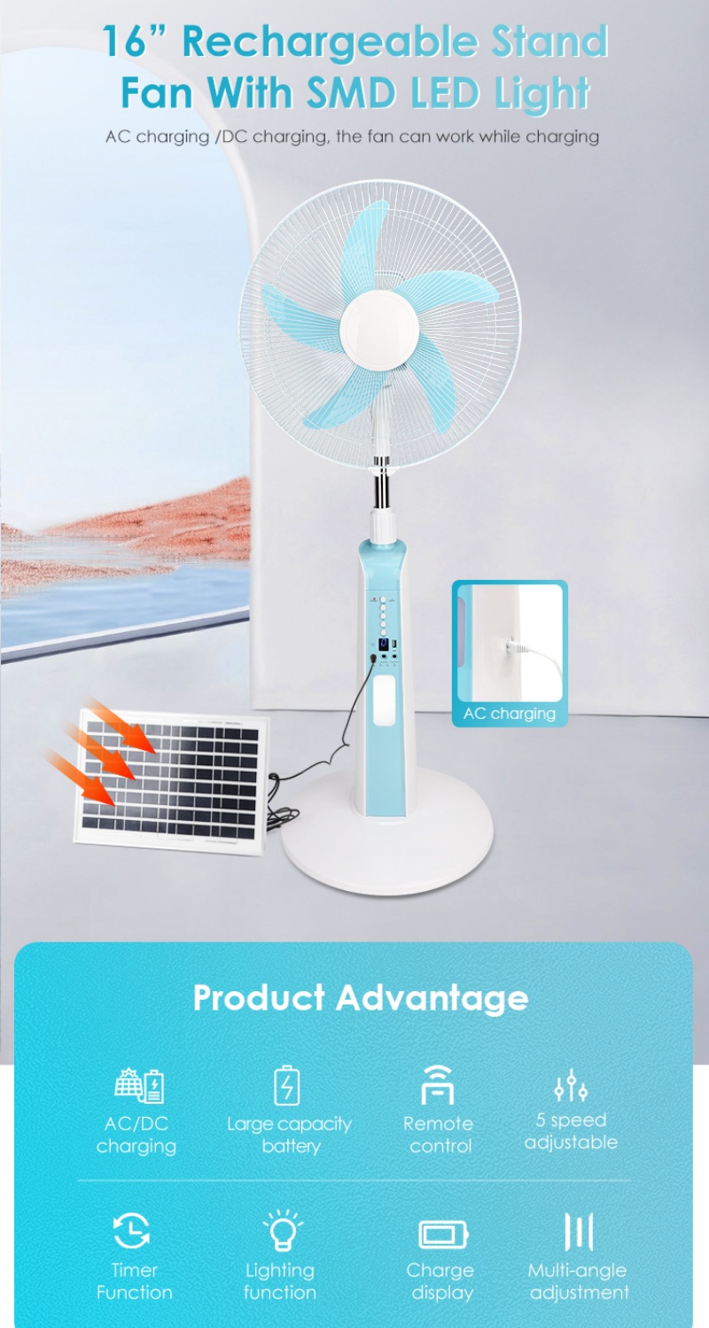 Vidas' rechargeable, remotely controllable, detachable solar panel standing 16-inch electric FAN details Picture
