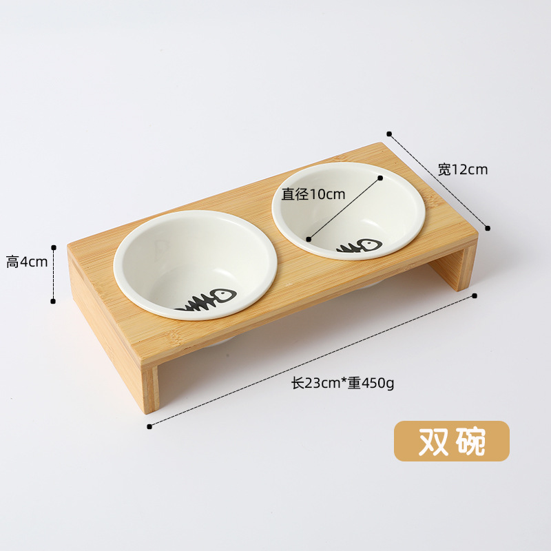 Wholesale of small-sized cat bowls, new water sets, cat food utensils, original color bamboo and wood frames, ceramic cat pet bowl supplies Application Scenario