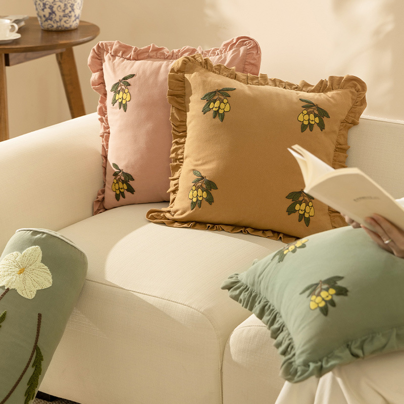 New Chinese-style embroidered loquat pillow cover, home living room sofa pillow, ins style black fungus edge embroidered pillow cushion, jacquard cushion details Picture