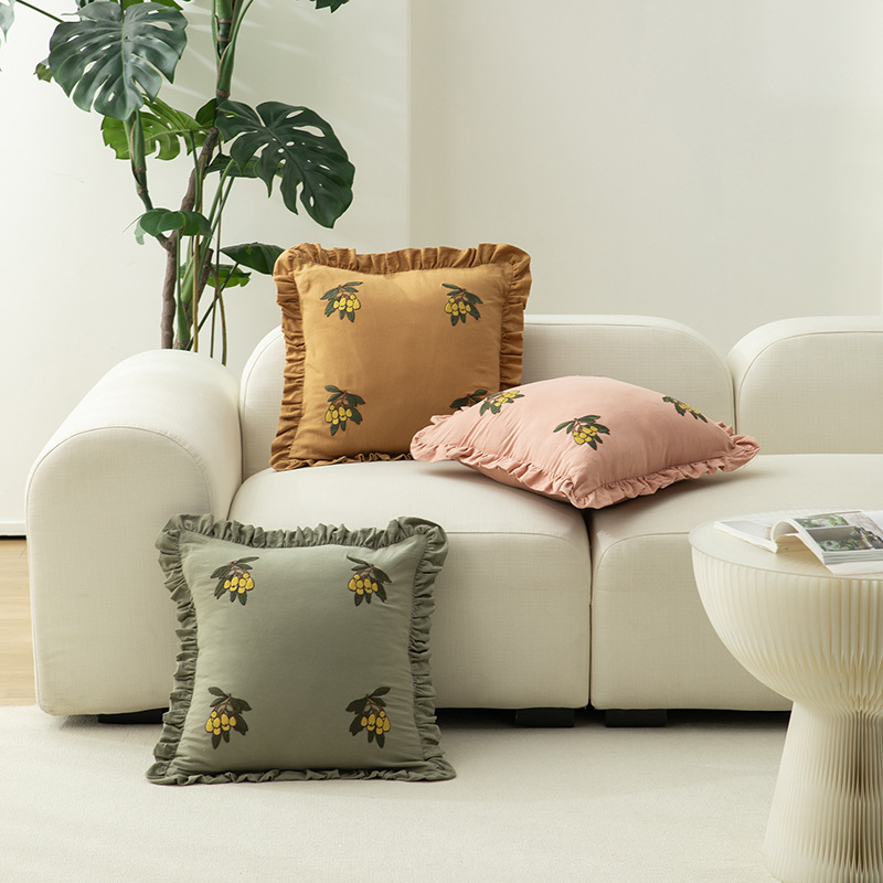 New Chinese-style embroidered loquat pillow cover, home living room sofa pillow, ins style black fungus edge embroidered pillow cushion, jacquard cushion Application Scenario