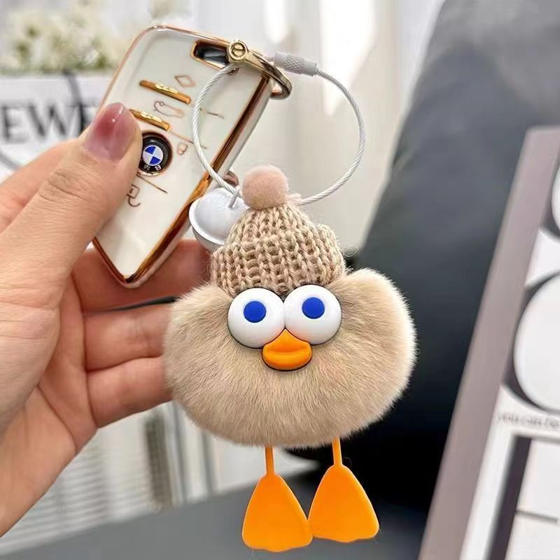 New rabbit fur little duck car keychain pendant, plush toy, small coal ball, schoolbag and bag hanging decoration details Picture