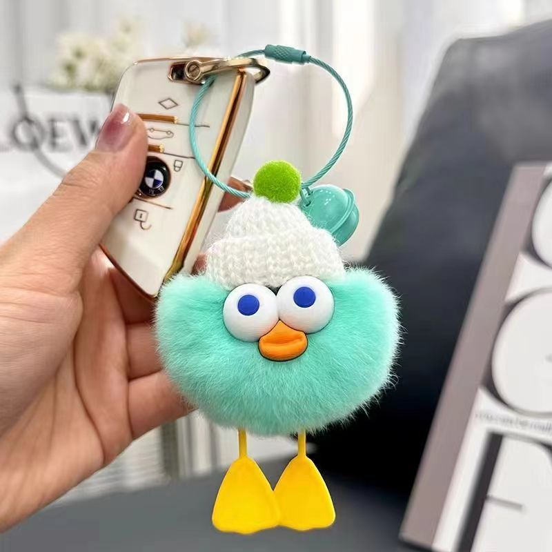 New rabbit fur little duck car keychain pendant, plush toy, small coal ball, schoolbag and bag hanging decoration