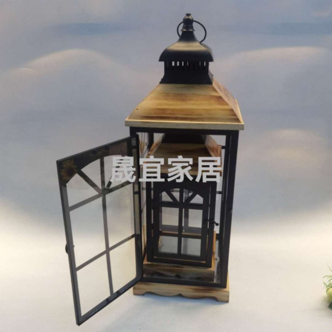 欧式铁艺实木玻璃复古城堡风灯烛台田园家居庭院防风风罩蜡烛S-7115
细节图