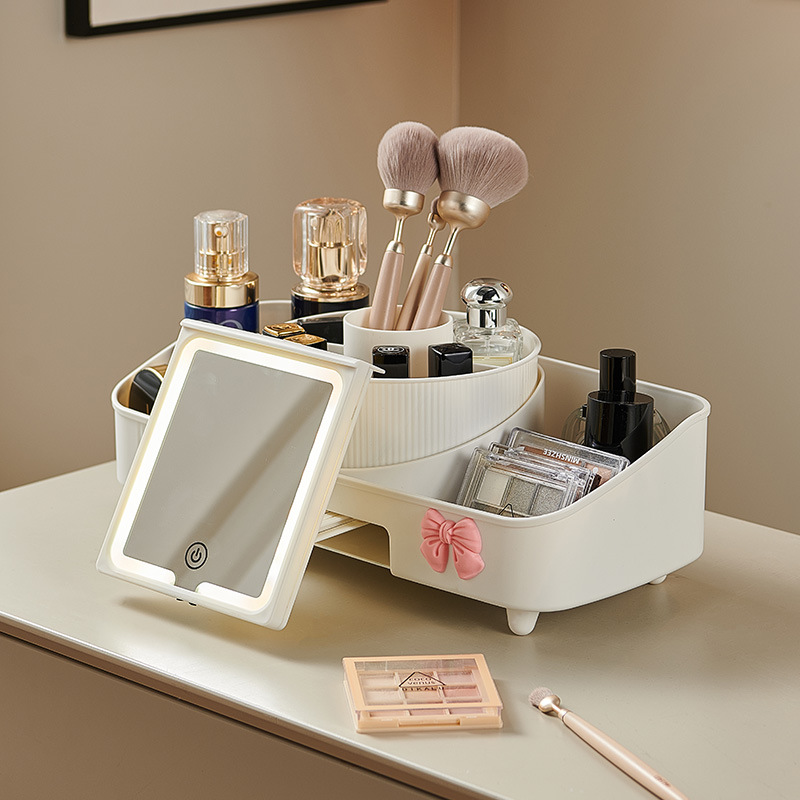 X51-8521 Cosmetics Storage Box with mirror, desktop rotating makeup box, Lipstick, eyeshadow and makeup rack