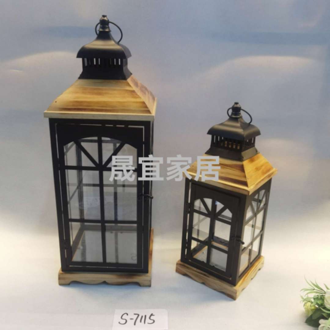 欧式铁艺实木玻璃复古城堡风灯烛台田园家居庭院防风风罩蜡烛S-7115
详情图3