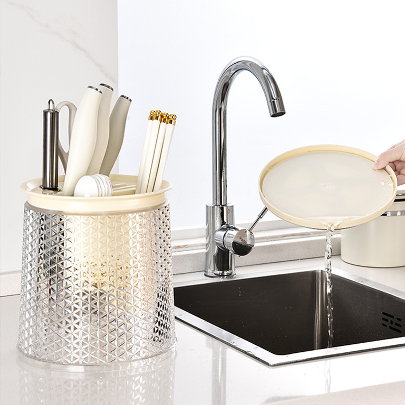 H173- Rotating knife rack, household countertop, integrated chopstick holder, storage box, draining kitchen knife and chopstick cage, kitchen storage for kitchenware details Picture