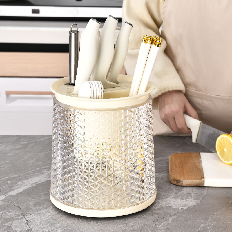 H173- Rotating knife rack, household countertop, integrated chopstick holder, storage box, draining kitchen knife and chopstick cage, kitchen storage for kitchenware