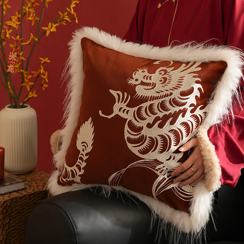 New Year's pillow headrest, new Chinese-style Dragon Year pillow cover, light luxury velvet waist support, step-by-step guide to matching details Picture