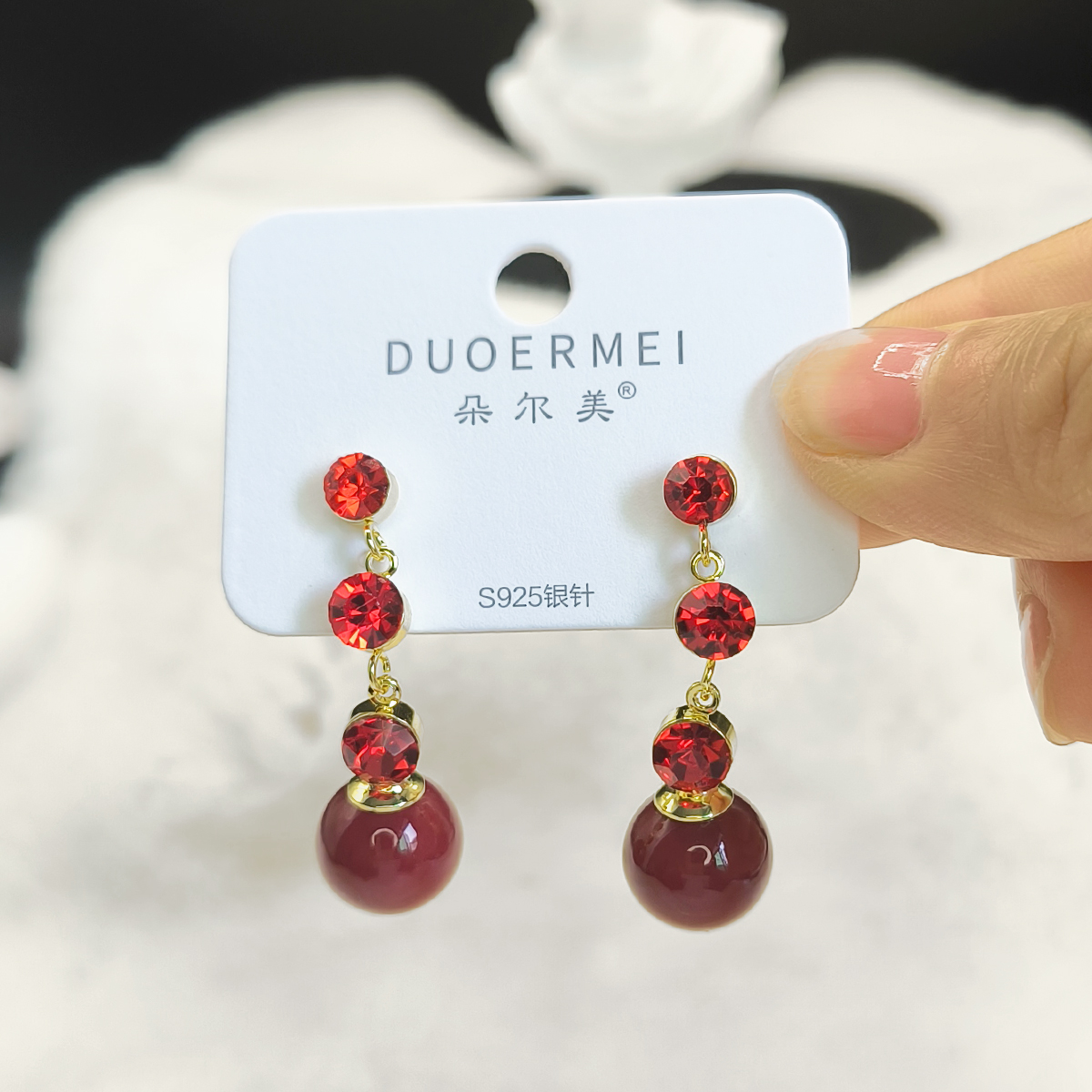 S925银针铜镀真金红色锆石珍珠耳坠女轻奢优雅高级感设计感网红名媛耳饰工厂批发耳环