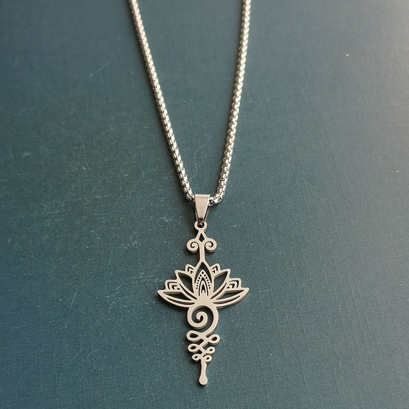 外贸跨境钛钢不锈钢时尚简约莲花花朵项链吊坠DIY饰品配件田园风白底实物图