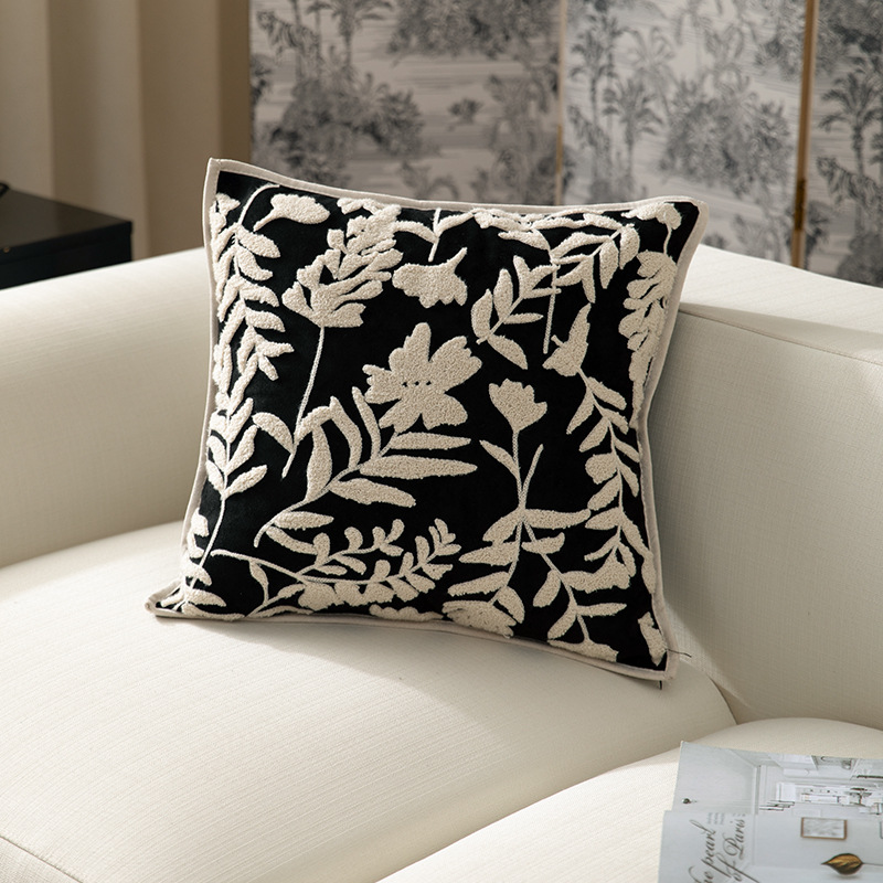 Sofa throw pillows with a high-end feel, light luxury living room pillow, embroidered headboard, bay window decoration pillowcase, traditional Chinese style black and white home use Specification image