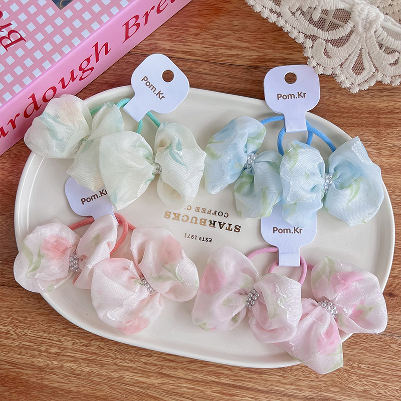 新款韩系甜美蝴蝶结发圈碎花珍珠布艺发圈发绳高弹力百搭扎头发绳