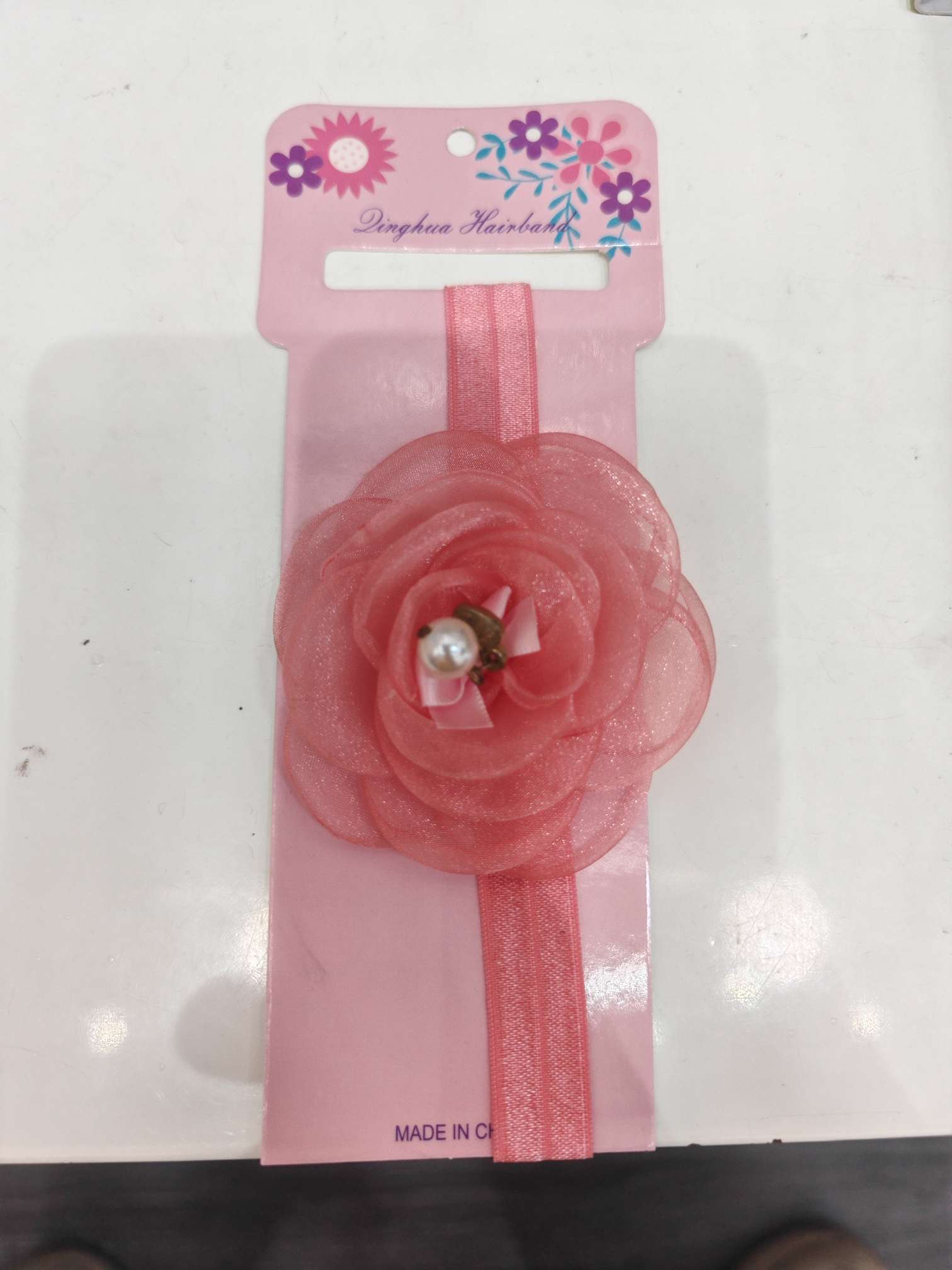 外贸跨境夏季透色纱布珍珠蝴蝶结烧花发带细节图