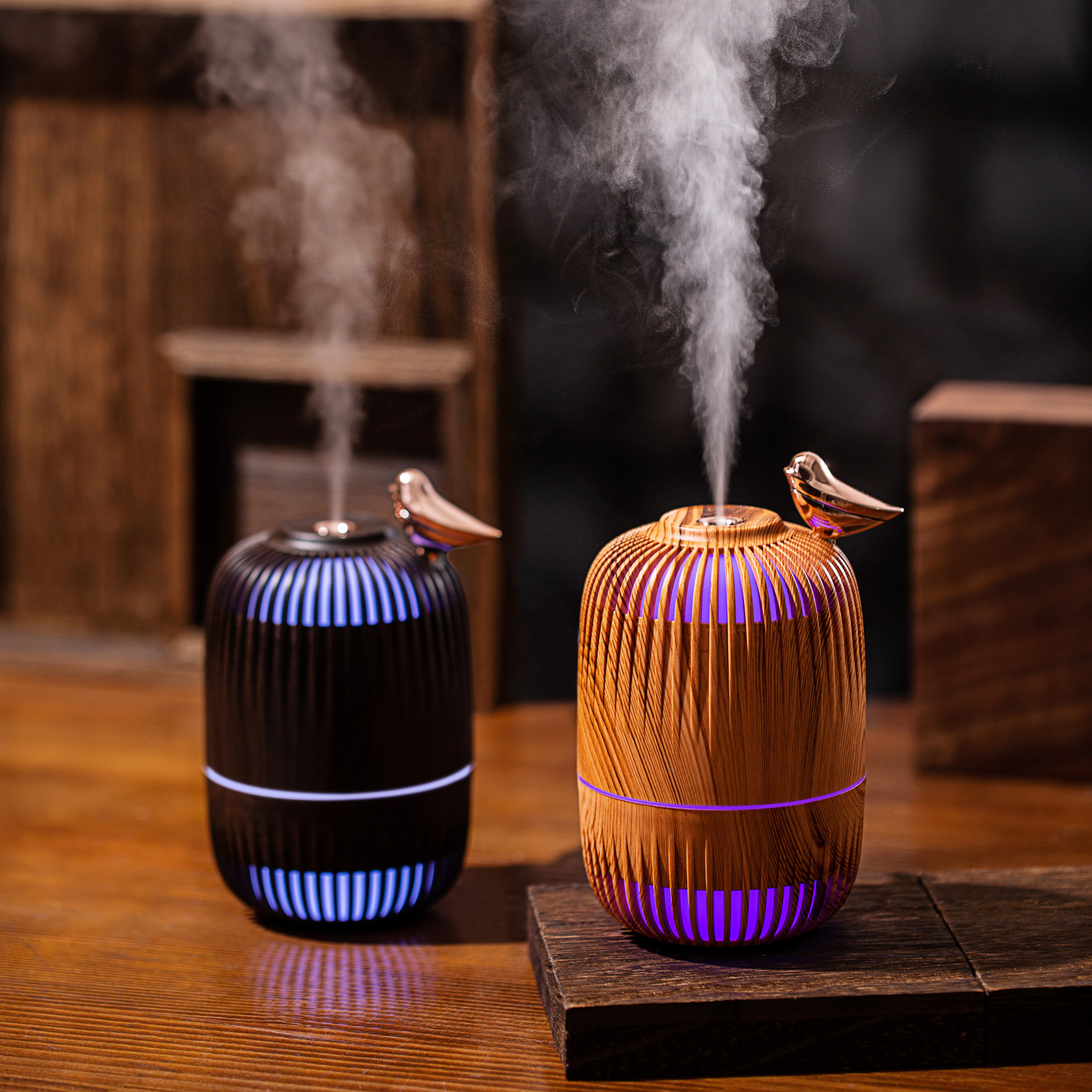 Nuevo mini grano de madera RGB luces coloridas tufo gaiola vacía coche dormitorio dormitorio aire purificación humidificador Application Scenario