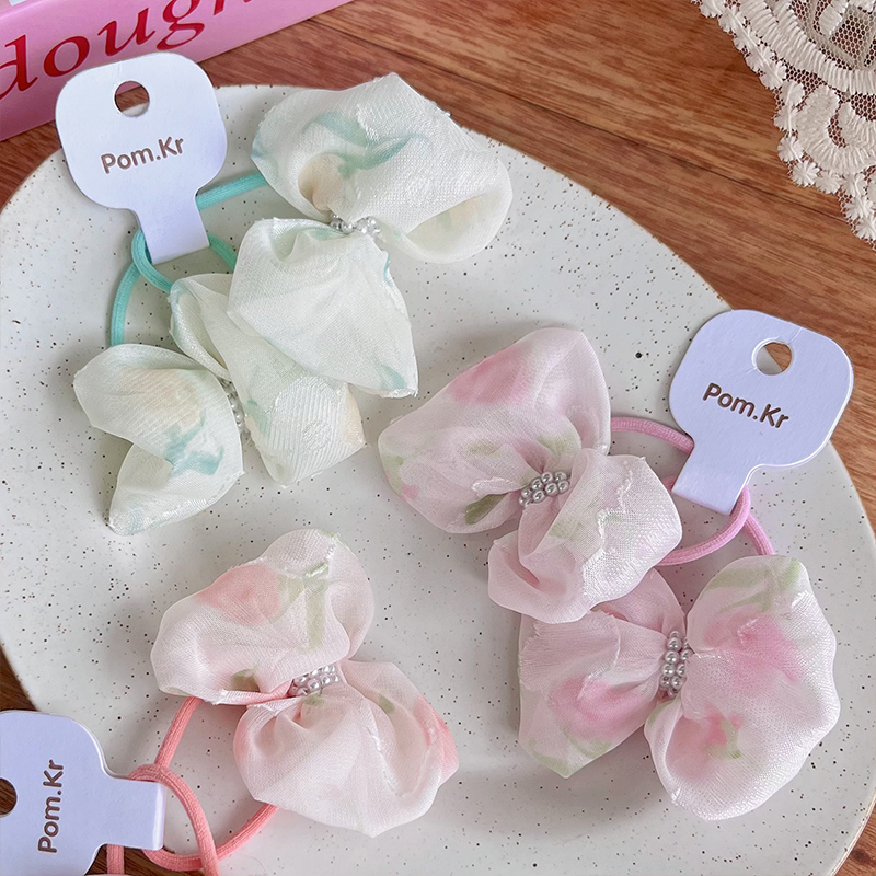 New Korean-style sweet bow hair tie, floral pearl fabric hair tie, high-elasticity and versatile hair tie details Picture