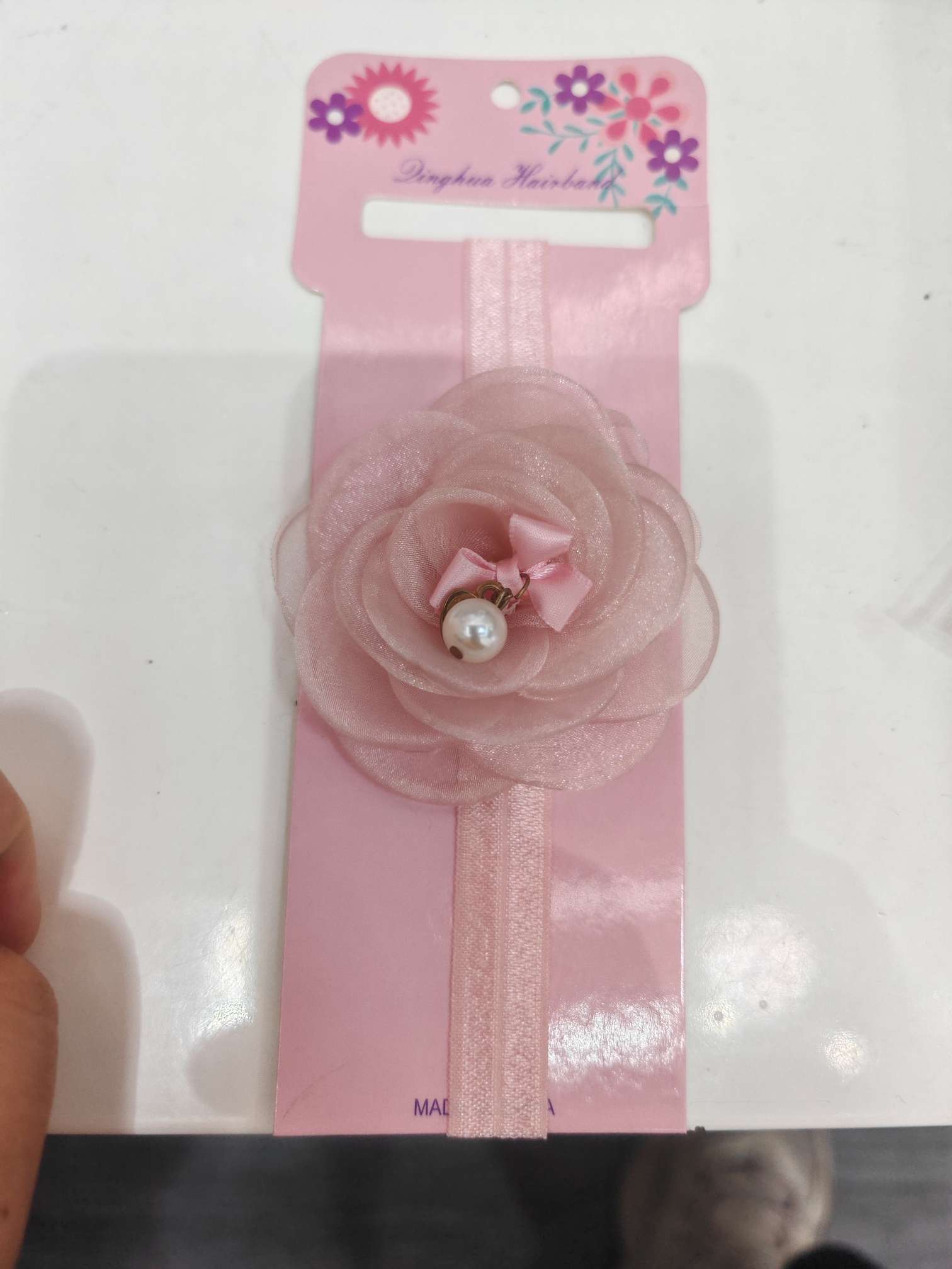 外贸跨境夏季透色纱布珍珠蝴蝶结烧花发带详情图2