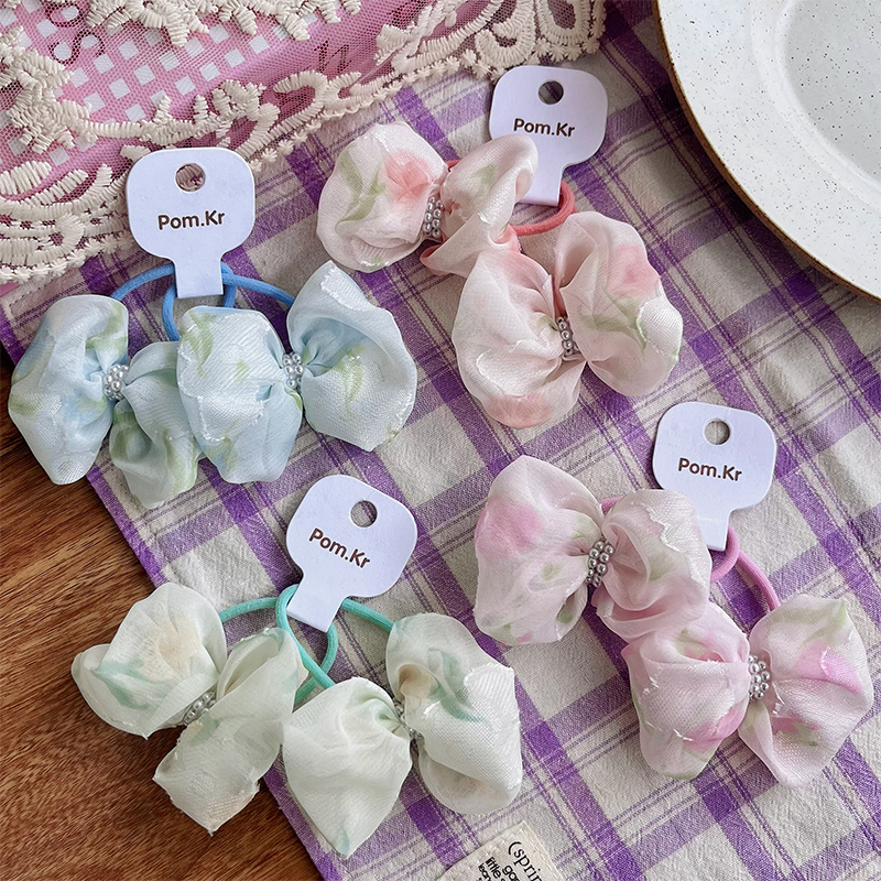 New Korean-style sweet bow hair tie, floral pearl fabric hair tie, high-elasticity and versatile hair tie Item Picture