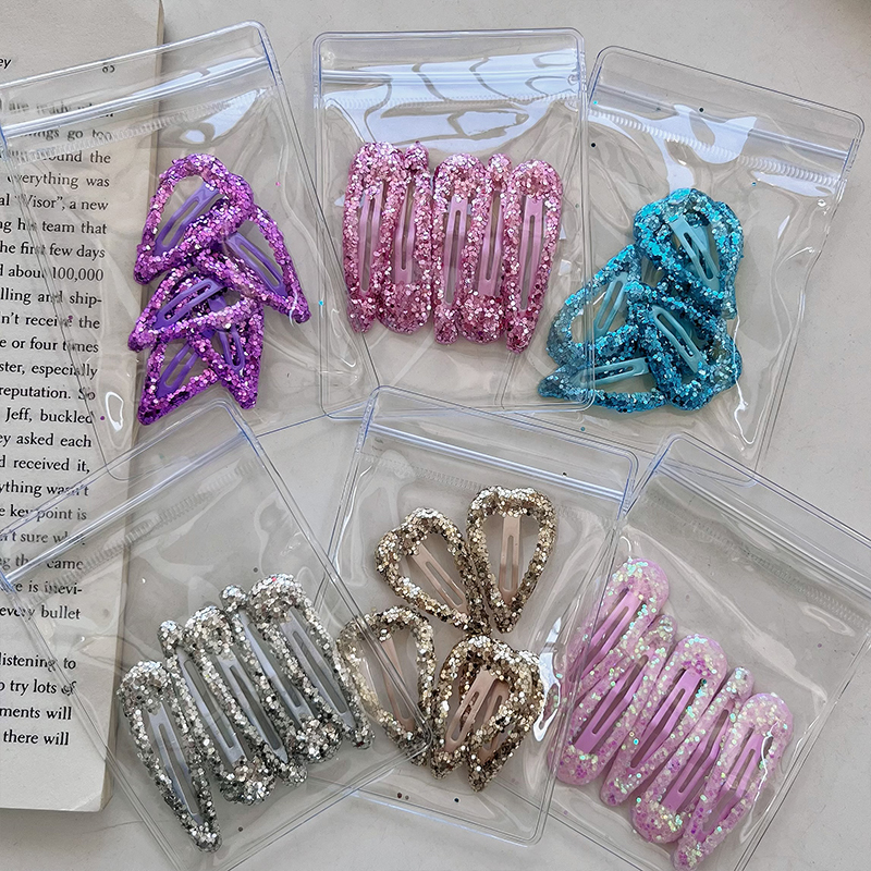 New personalized iridescent colored sequined water drop bb clip, bangs clip, sweet and girlish gold powder heart-shaped hair clip, edge clip and headwear Item Picture