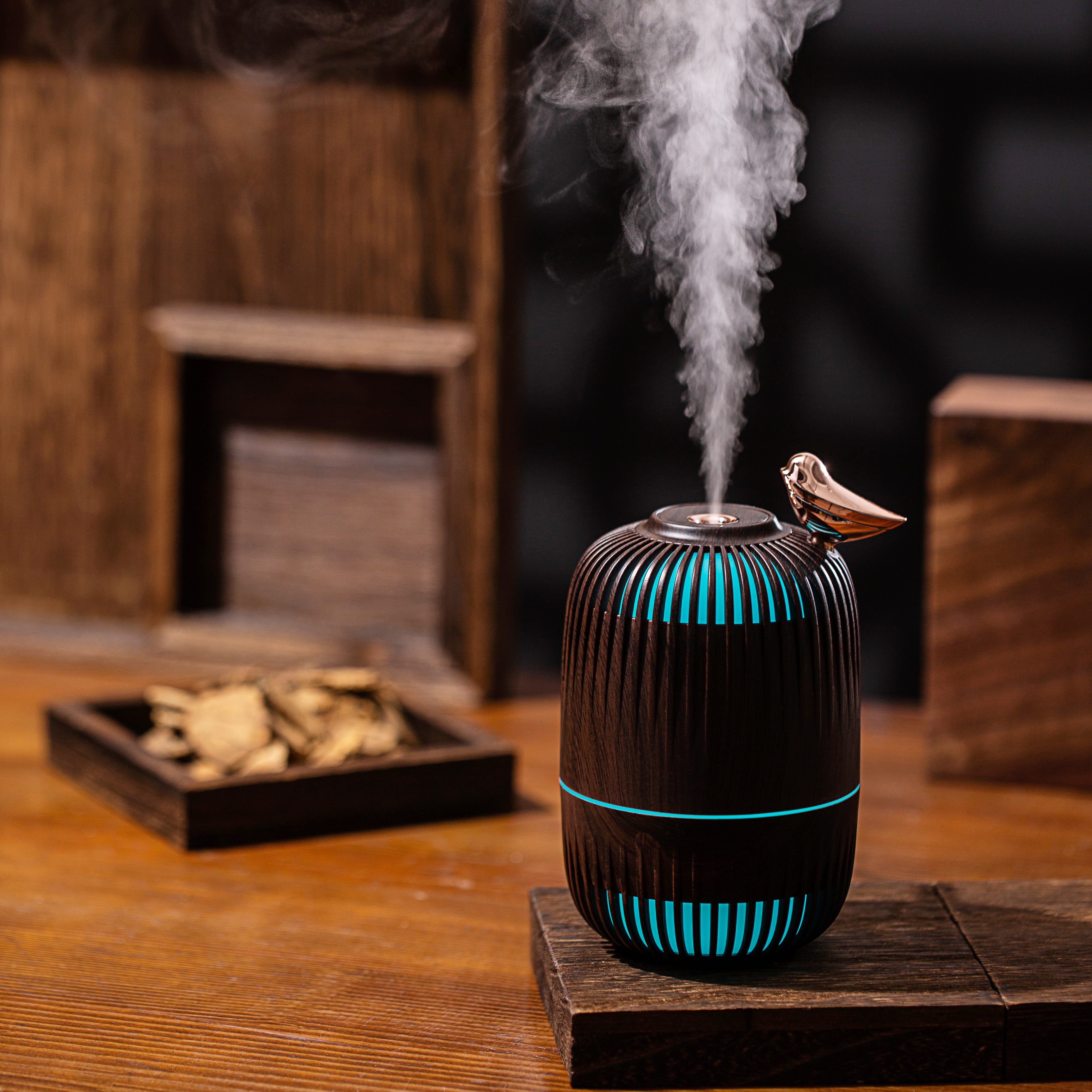 Nuevo mini grano de madera RGB luces coloridas tufo gaiola vacía coche dormitorio dormitorio aire purificación humidificador details Picture