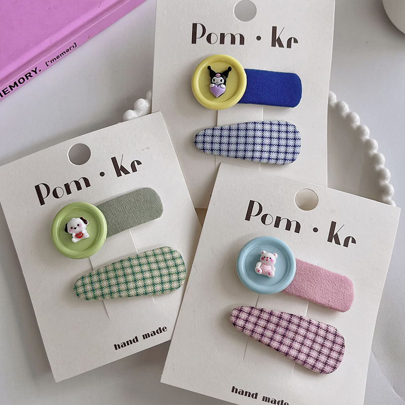 新款韩版布艺格纹三丽鸥娃娃纽扣发卡女孩发夹宝宝格纹边夹小女孩