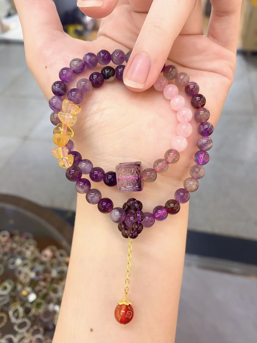 千辰饰品 紫水晶+粉水晶+黄水晶碎石双圈手串手链首饰详情1