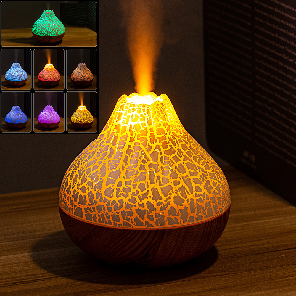 New Flame Volcano USB humidifier for home, bedroom, office, aromatherapy essential oil mini Seven-color crack humidifier Item Picture