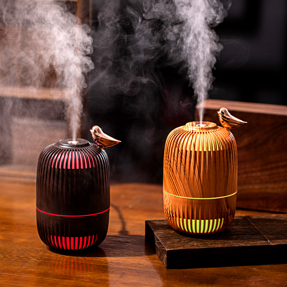 New mini wood-grain RGB seven-color light hollow birdcage car dormitory bedroom air purification humidifier