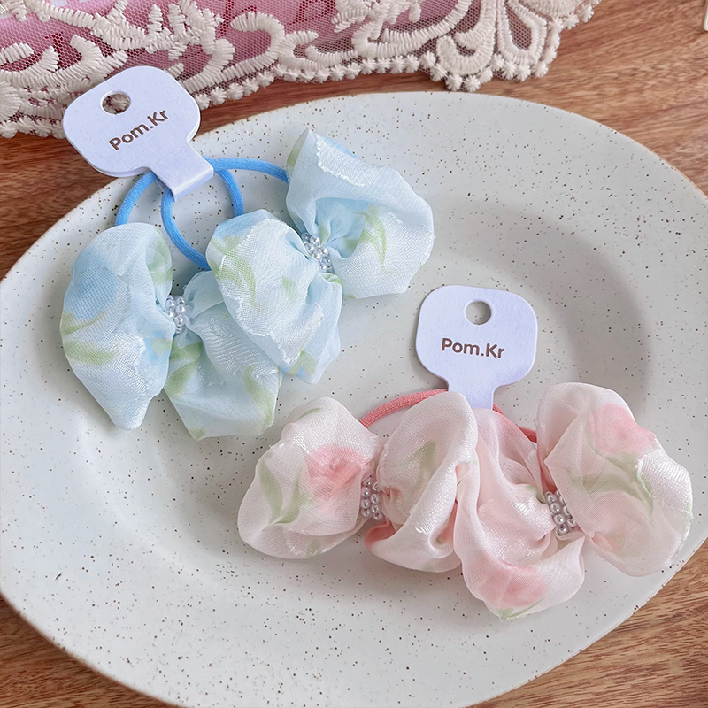 New Korean-style sweet bow hair tie, floral pearl fabric hair tie, high-elasticity and versatile hair tie Specification image