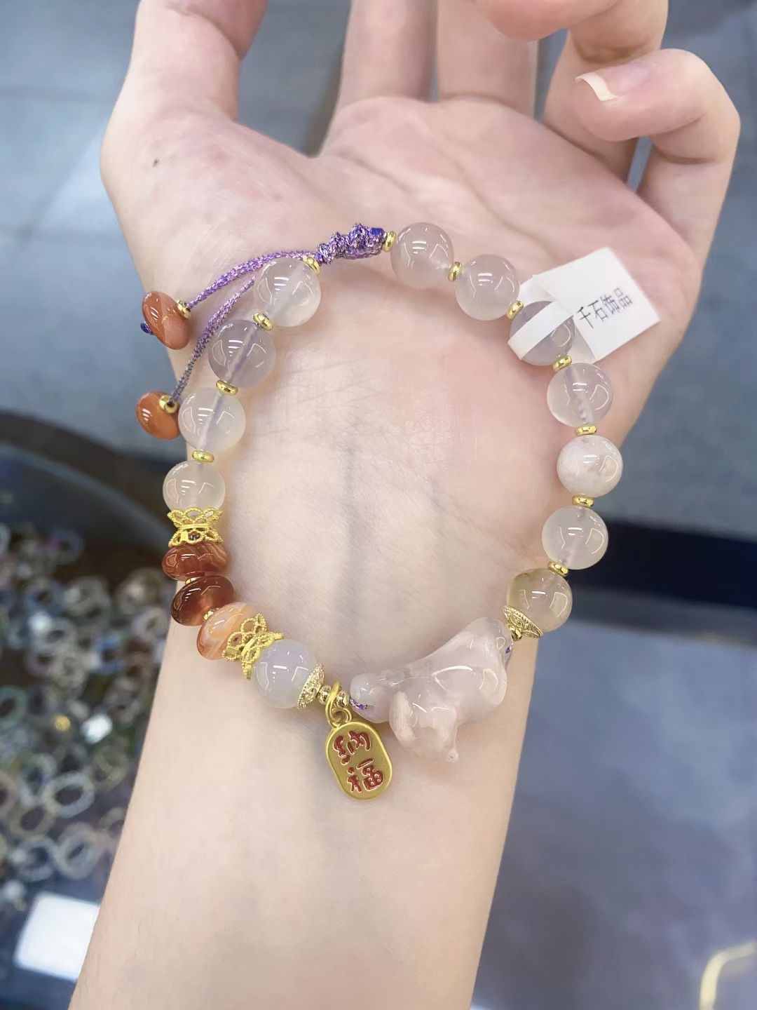 千辰饰品 樱花玛瑙+条纹玛瑙算盘珠单圈抽拉手串手链详情1