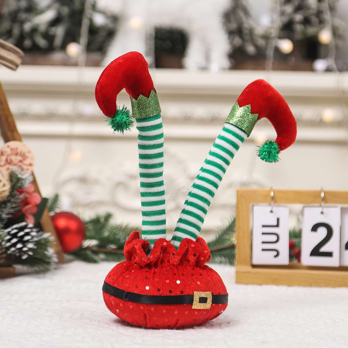 小小光新品 跨境圣诞节装饰品卡通红白条纹腰带精灵条纹精灵脚摆件可弯曲批发详情图5