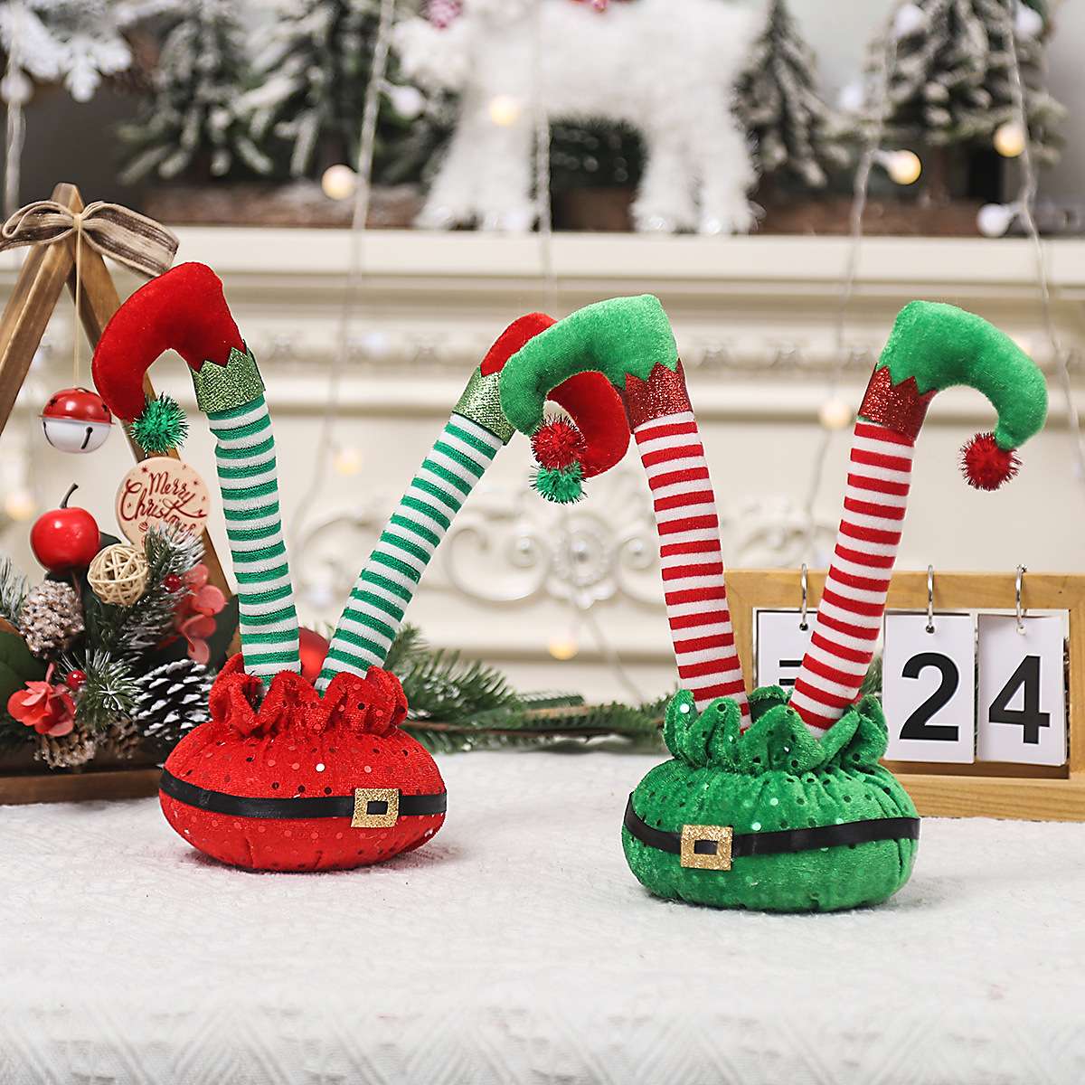 小小光新品 跨境圣诞节装饰品卡通红白条纹腰带精灵条纹精灵脚摆件可弯曲批发