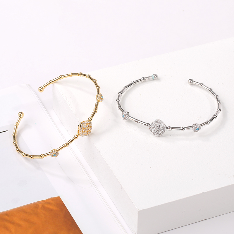 2024新款简约时尚可爱女式手镯竹节形状微镶锆石高品质开口手镯