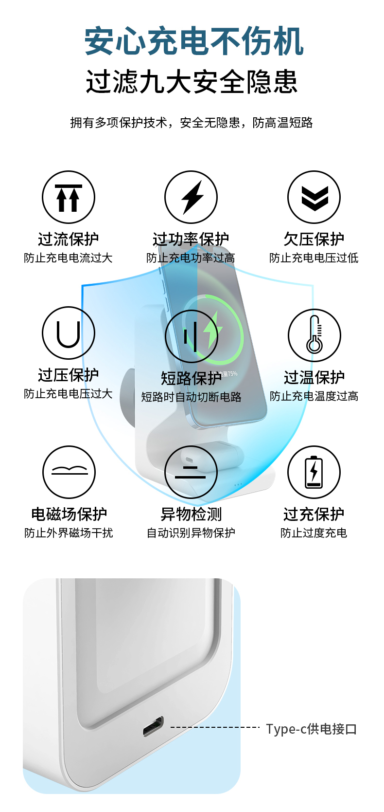 Three-in-one magnetic upright wireless charger desktop stand pic 8