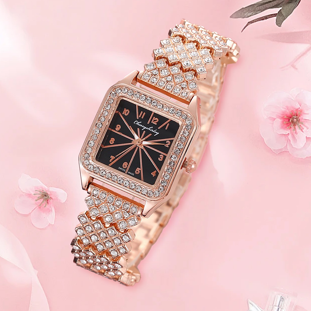 Foreign Trade Cross-Border Hot Selling Fashion 12 Figures Full Diamond Square Women's Watch Women's Quartz Watch Manufacturers Wholesale