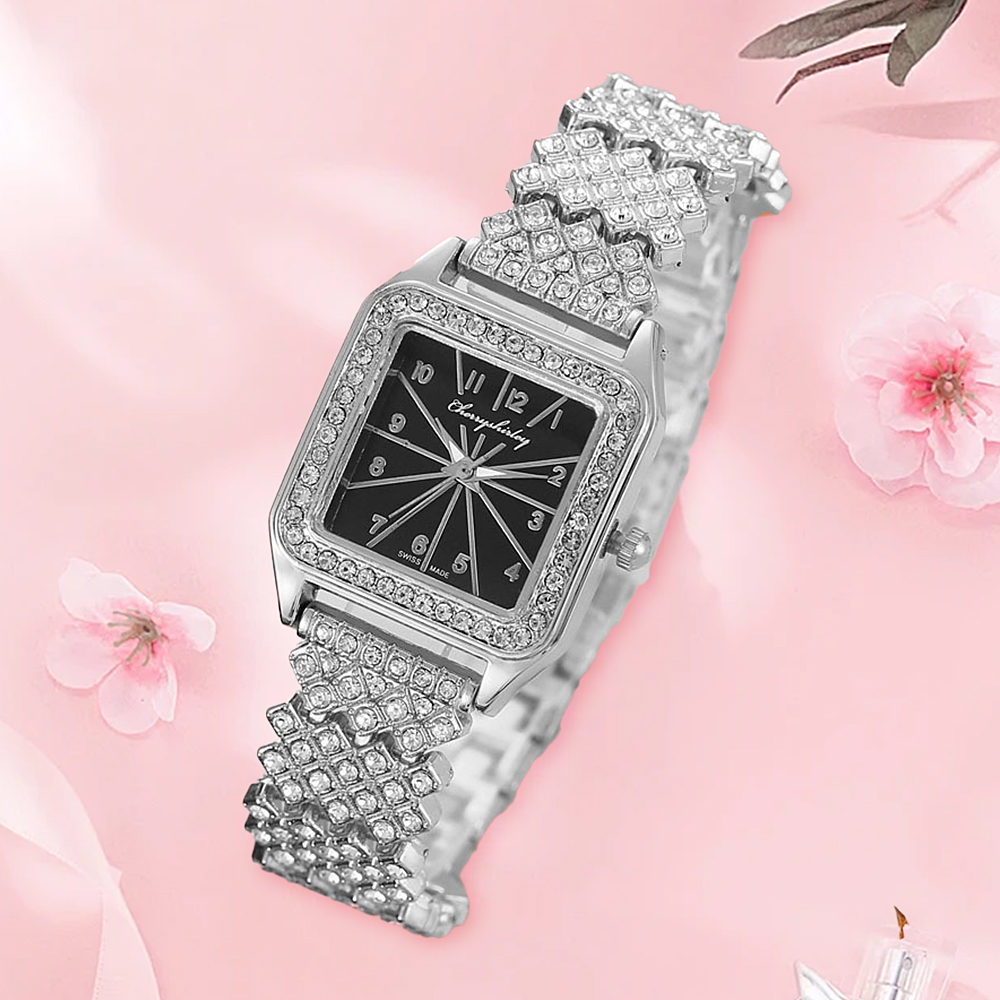 Foreign Trade Cross-Border Hot Selling Fashion 12 Figures Full Diamond Square Women's Watch Women's Quartz Watch Manufacturers Wholesale Specification drawing