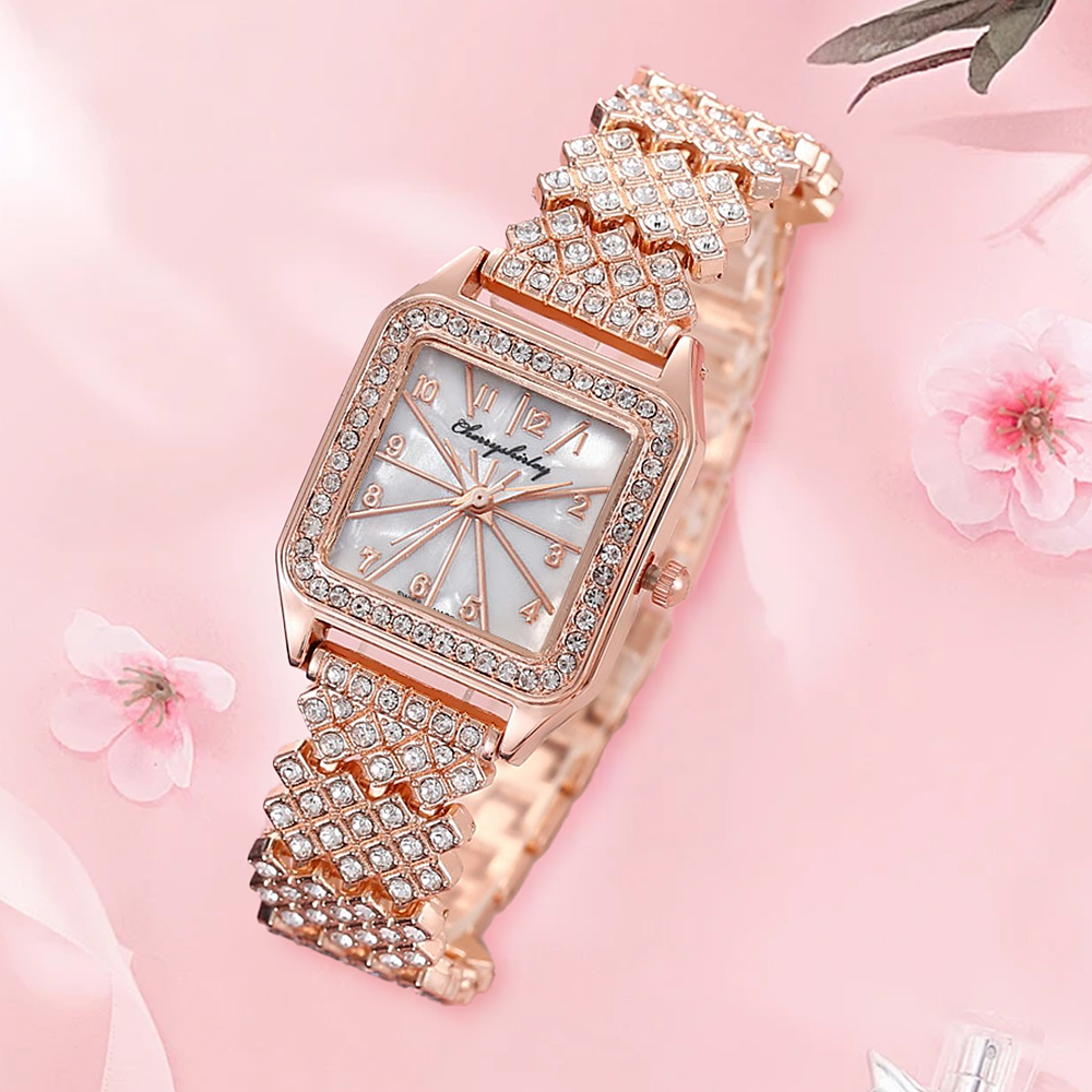 Foreign Trade Cross-Border Hot Selling Fashion 12 Figures Full Diamond Square Women's Watch Women's Quartz Watch Manufacturers Wholesale Item Picture