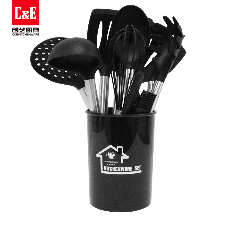 C&E Creative Kitchenware 15-piece set: Spatula, spoons, rice noodle steaks, food tongs, egg beater with storage bucket for kitchen use