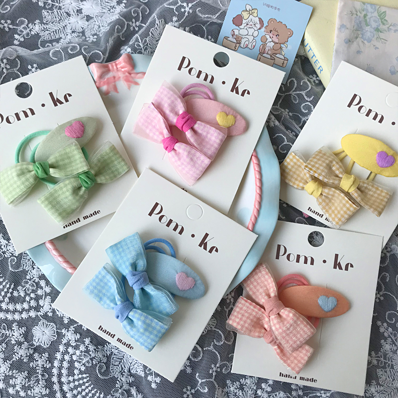 New cute bow, mesh, heart-shaped embroidered bb clip, bangs clip, children's versatile, sweet hair band, hair clip and hair accessory