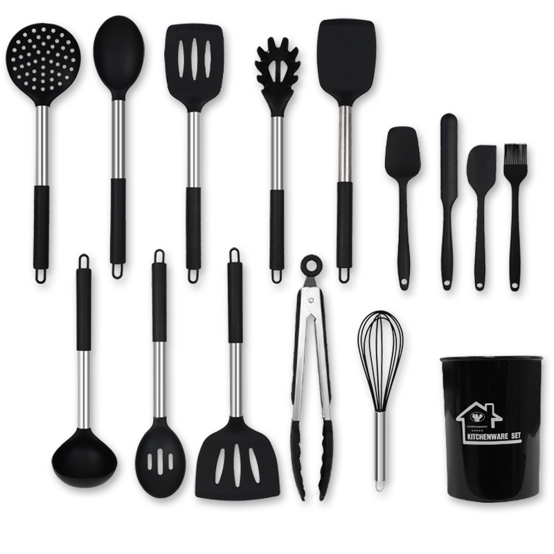 C&E Creative Kitchenware 15-piece set: Spatula, spoons, rice noodle steaks, food tongs, egg beater with storage bucket for kitchen use Item Picture