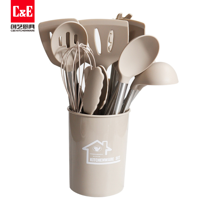 C&E Creative Kitchenware 15-piece set: Spatula, spoons, rice noodle steaks, food tongs, egg beater with storage bucket for kitchen use details Picture