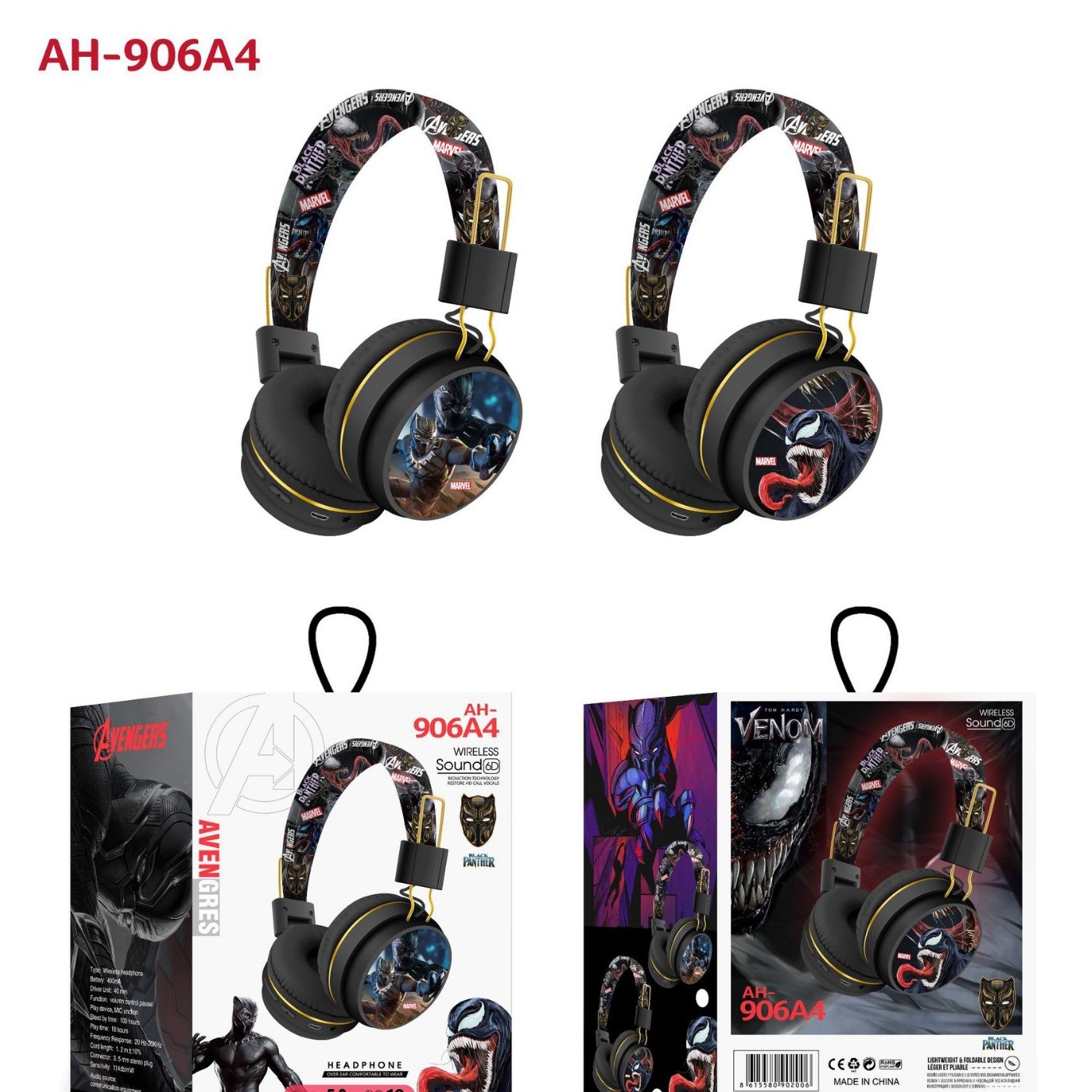 头戴式蓝牙耳机 跨境私模AH-906A1新款折叠可爱卡通耳机无线耳麦