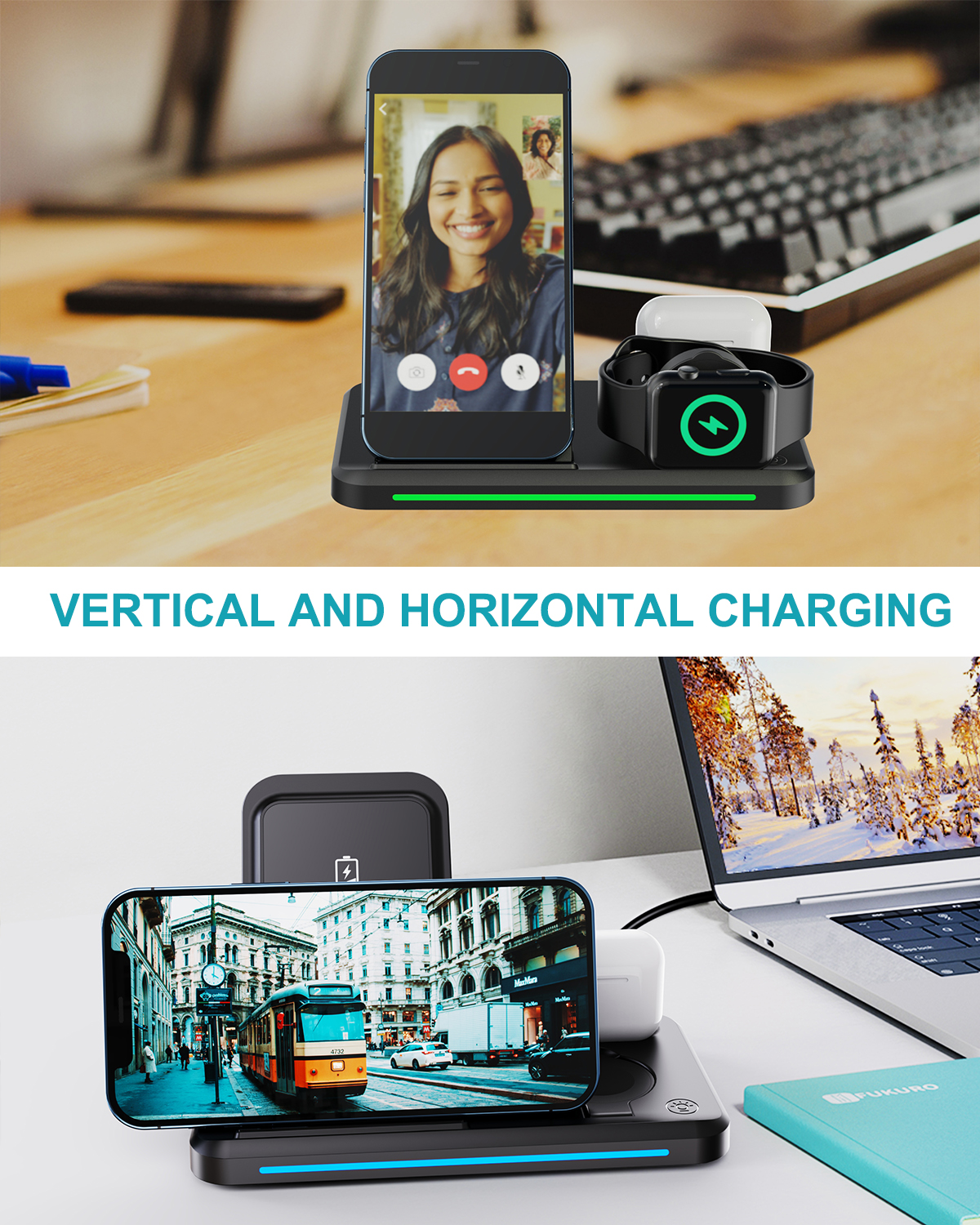Three-in-one foldable wireless charger, desktop 3D wireless charger, mobile phone charger Application Scenario