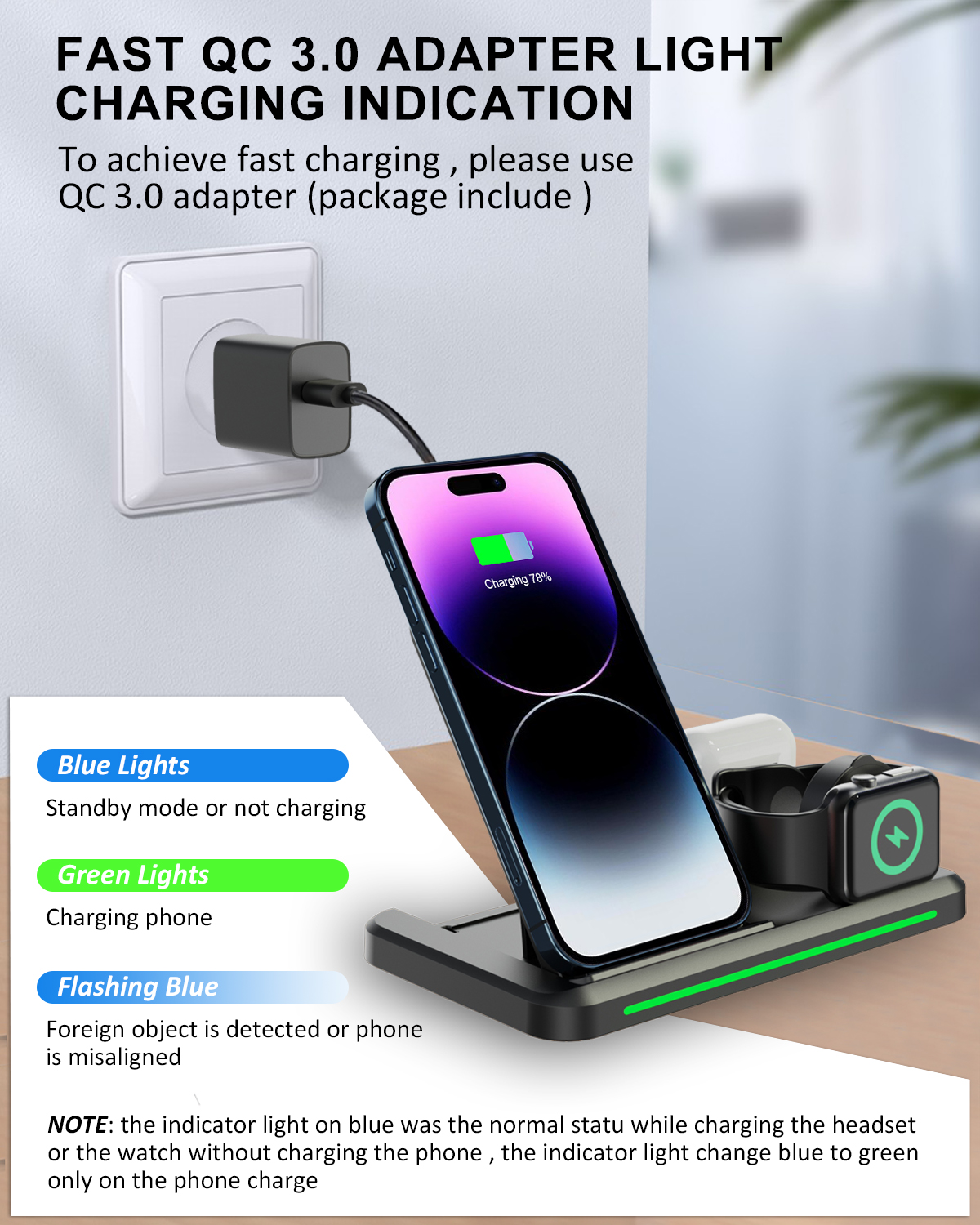 Three-in-one foldable wireless charger, desktop 3D wireless charger, mobile phone charger Specification image